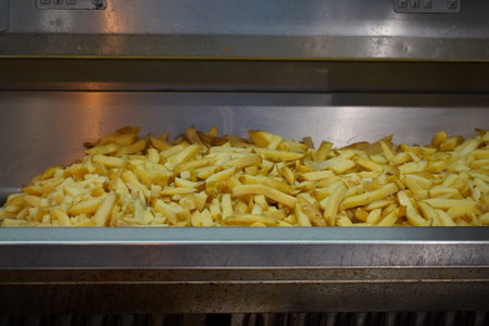 French fries in deep fryer at restaurant kitchenの写真素材