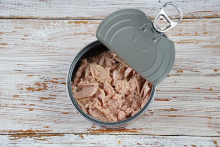 Canned Tuna ,  Fish Chunks in Open Tin Can, Tuna Oil Preserve, Seafood Conserve