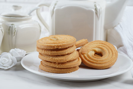 Sweet and tasty round butter cookies. Round ring shaped German spritz biscuits