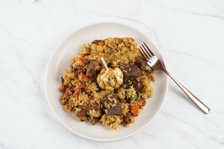 The national Saudi Arabian dish beef kabsa with rice ,western Arabic food , Yemeni food. beef with...