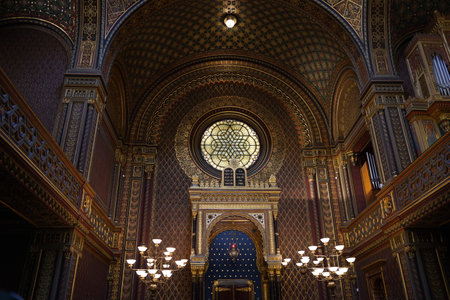 Prague, Czech Republic - July 10,2023: Spanish Synagogue in Prague city in Czech Republic. It is a Moorish Revival style and the newest synagogue in Prague of Jewish quarter.のeditorial素材