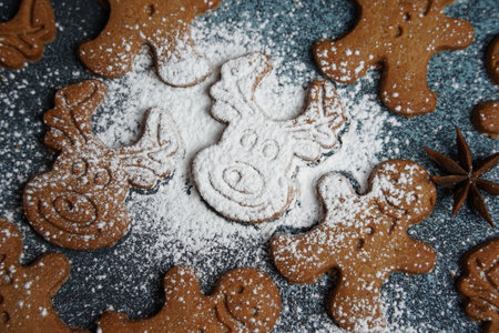 Swedish ginger biscuit shaped in funny form of thins cookies with cinnamon and cloves. New Year...