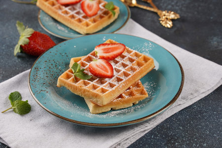Belgian waffles with fresh strawberries, sugar powder and mint leavesの写真素材