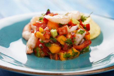 Ceviche salad with shrimps, mango and avocado in a plate on blue background. Latin American food. Delicious, freshly made shrimp ceviche. Shrimp marinated in lime and orange .の写真素材