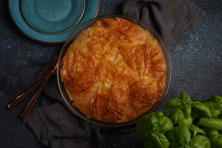 Greek Pie  with Spinach and salmon in fillo doughの写真素材