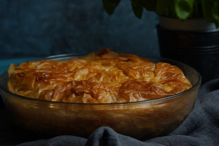 Greek Pie  with Spinach and salmon in fillo doughの写真素材