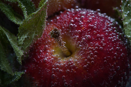 Apple and leaves of mint close-up in liquid with bubbles.の写真素材