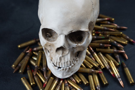 Skull on pile of ammunition on black background. Anti war conceptの写真素材