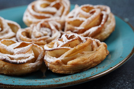 Rose shape apple pastry with cinnamon and shugar powderの写真素材