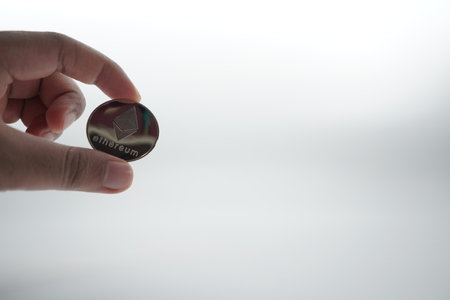 Stack of ether coins or ethereum on white background. Isolate whiteの写真素材