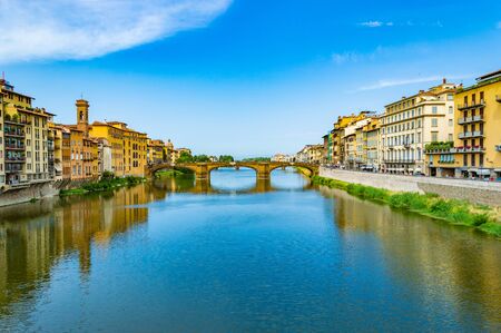 Ponte Santa Trinita, spanning Arno River, as photographed from Ponte Vecchio.の写真素材