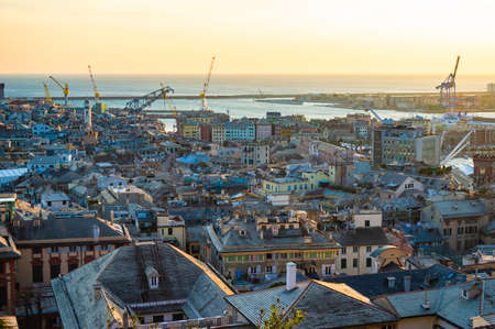 Genoa, Italy - CIRCA 2013: Genoa aerial cityscape at sunset as seen from Belvedere Castelletto.のeditorial素材