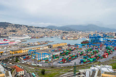 Genoa, Italy - CIRCA 2013: Panoramic aerial view of Genoa's Harbor, taken from The Lighthouse of...