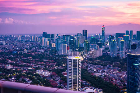 Aerial view of Jakarta Central Business District at sunset/dusk. Jakarta cityscape at sunset.のeditorial素材