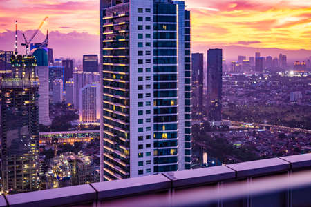 Aerial view of Jakarta Central Business District at sunset/dusk. Jakarta cityscape at sunset.のeditorial素材