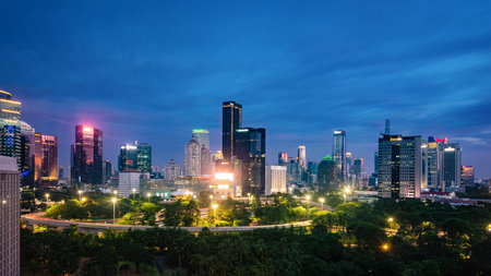 Jakarta, Indonesia - 1 Jan 2022: View of Jakarta's Central Business District cityscape at sunset....