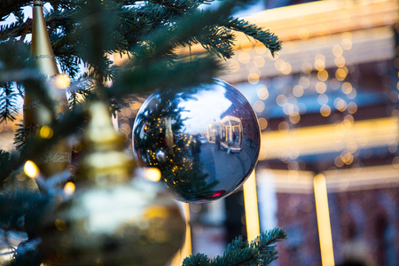 Christmas tree with toys on the streetの写真素材