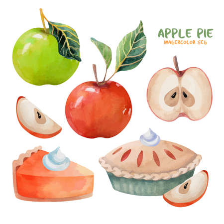 Apple pie set with fresh red and green applesのイラスト素材