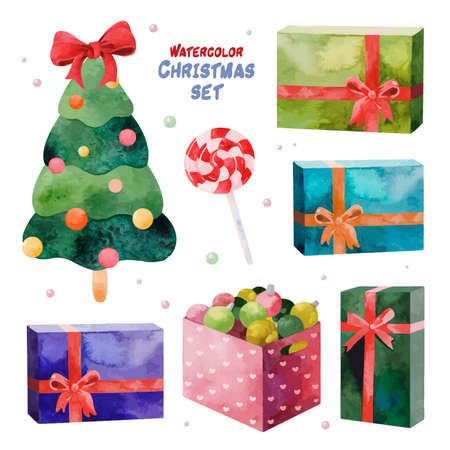 Watercolor painting of gift box and Christmas treeのイラスト素材