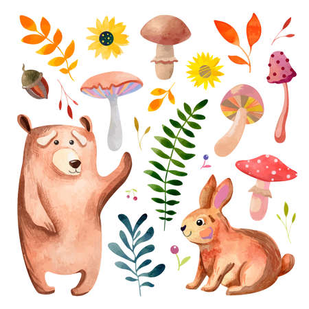 Watercolor autumn forest set with animals and plants. Cute kind bear, brown rabbit, mushrooms and leaves on white backgroundのイラスト素材
