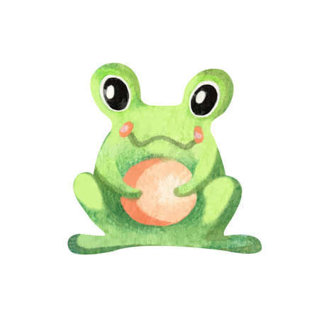 Green Cute Kids frog Sitting with pink cheeks. Funny watercolor animal greeting card for children isolated on white backgroundのイラスト素材