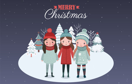 Hand drawn winter banner with girl, snowy trees, houses. Christmas design, background, poster. Wintry scenes.のイラスト素材