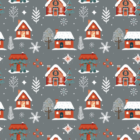 Winter seamless pattern with houses and snowy trees. Christmas vector pattern. Winter background.