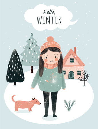 Hand drawn winter poster with girl, snowy trees, house. Wnter christmas card for event invitation, voucher, social media. Wintry scenes.のイラスト素材