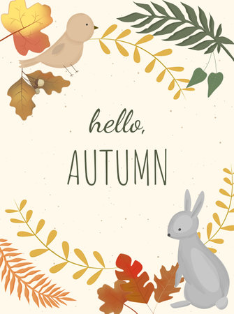 Autumn background, banner, flyer design. Poster with bright beautiful leaves frame. Template for advertising, social mediaのイラスト素材