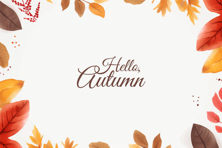 Hello autumn background, poster design. Banner with bright beautiful tree, leaves frame. Autumnal templateのイラスト素材