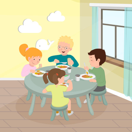 Happy children eat in kindergarten. Two girls and two boys at the table. Kids nutrition concept. Vector illustration for banner, poster, website, flyer.のイラスト素材