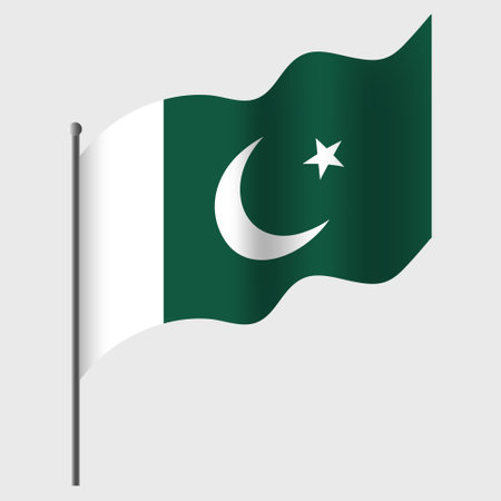 Waved Pakistan flag. Pakistani flag on flagpole. Vector emblem of Pakistanのイラスト素材