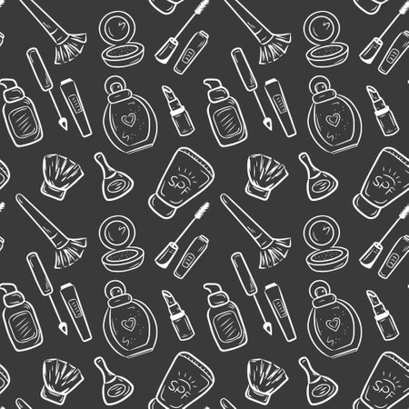 Seamless black and white pattern with cosmetics and accessories. Hand drawn vector cosmetic doodlesのイラスト素材