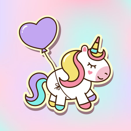 Cute unicorn with with purple balloon. Cartoon vector illustration, stickerのイラスト素材