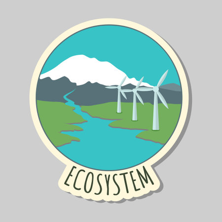 Ecology sticker with text ecosystem. Love our earth, save energy, save planet. Eco label. Care for natureのイラスト素材
