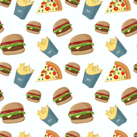 Vector seamless pattern wih fast food. Food background. Seamless pattern with burger, french fries, pizza.のイラスト素材