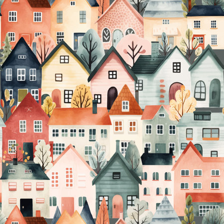 Scandinavian houses seamless pattern. Cute watercolor buildings and trees. Trendy scandi print, decorative vector background
のイラスト素材