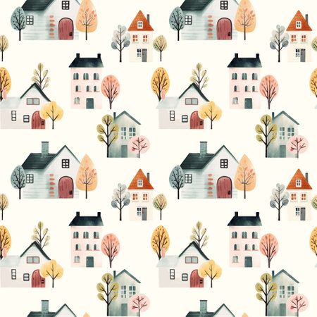 Cute watercolor buildings and trees. European houses seamless pattern.  Trendy scandi vector background
のイラスト素材