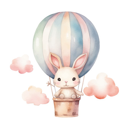 Watercolor bunny in a hot air balloon. Wall sticker with hand drawn rabbit and air ballon. Clip art image.のイラスト素材