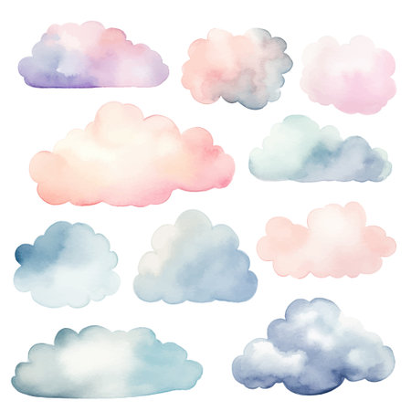 Set of watercolor vector clouds. Isolated on white. Fantasy pastel color. Delicate, elegant decoration.のイラスト素材