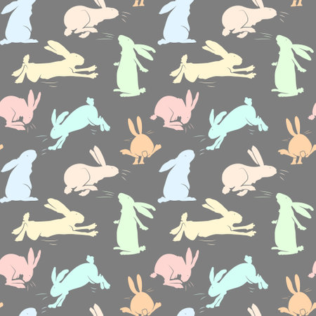 Cute rabbits pattern. Colourful rabbits, dark background. Spring print for wrapping paper, textiles, wallpaper. Seamless vector patternのイラスト素材
