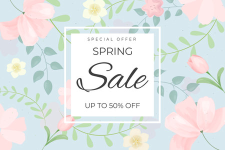 Spring sale banner, background. Template for design poster, banner, invitation, voucher. Promo discount season offer.のイラスト素材