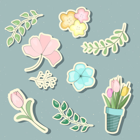 Set of spring flowers stickers in doodles style. Collection of scrapbooking elements, labels. Vector seasonal elements.のイラスト素材