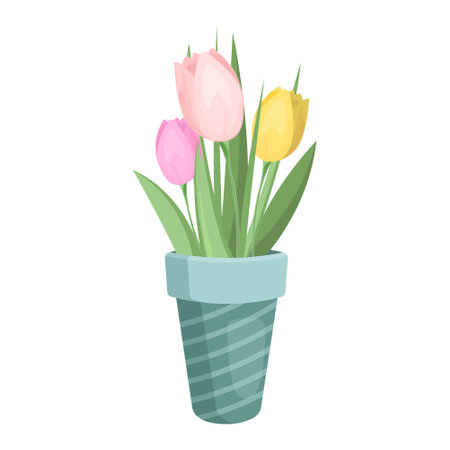 Tulip flowers bouquet in a vase. Isolated on white background. Flower arrangement. Vector illustration.のイラスト素材