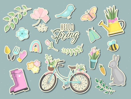 Set of hello spring stickers in doodles style. Collection of scrapbooking elements, labels. Vector seasonal elements.のイラスト素材