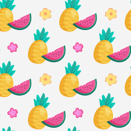Pineapples and watermelon on the white background. Vector seamless pattern with tropical fruit.
