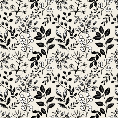 Monochrome floral background. Seamless pattern with leaves and berries. Hand drawn botanical wallpaperのイラスト素材