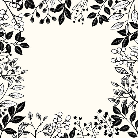 Vector floral border. Botanical monochrome frame with leaves and berries for invitations, posters and wedding.のイラスト素材