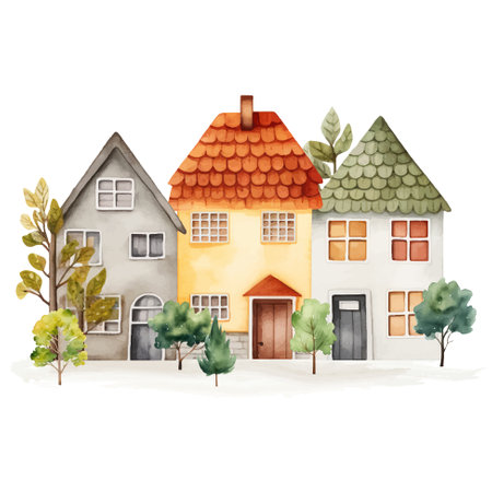 Scandinavian houses and trees. Cute Scandi watercolor street. European building exterior. Childish vector illustrationのイラスト素材