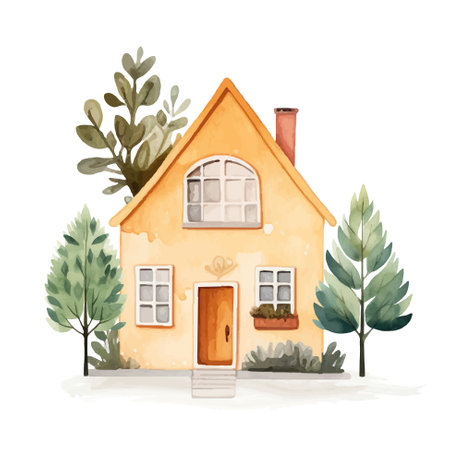 Scandinavian house and trees. Cute Scandi watercolor home. European building exterior. Childish vector illustrationのイラスト素材